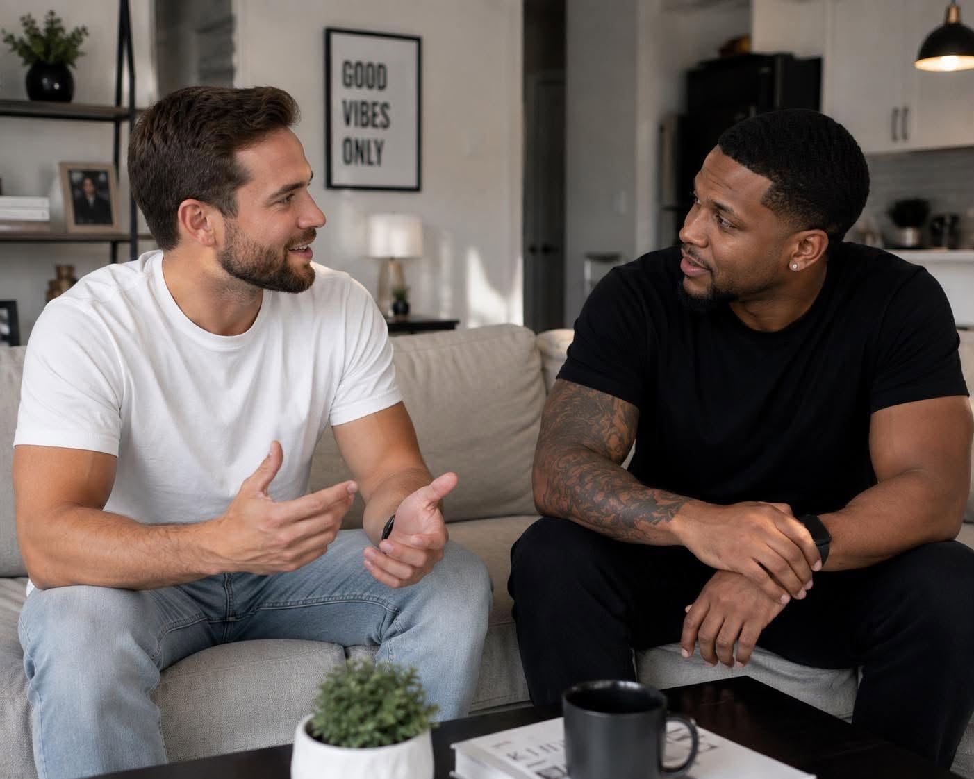 Adults talking together in a comfortable home setting