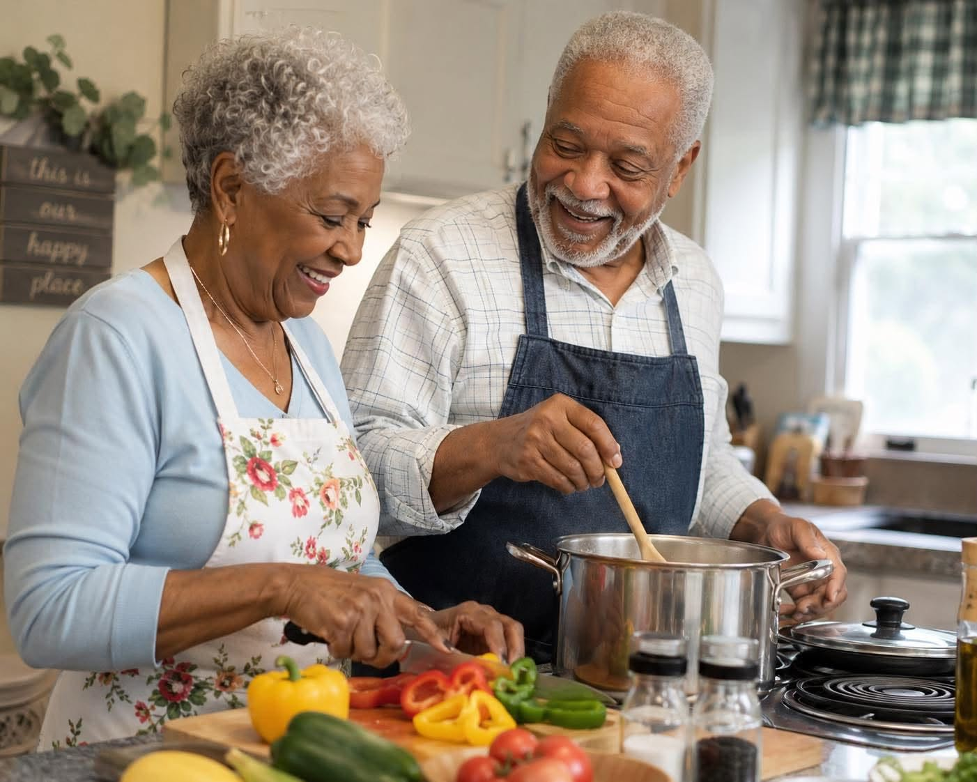 Older adults enjoying time together in a home kitchen