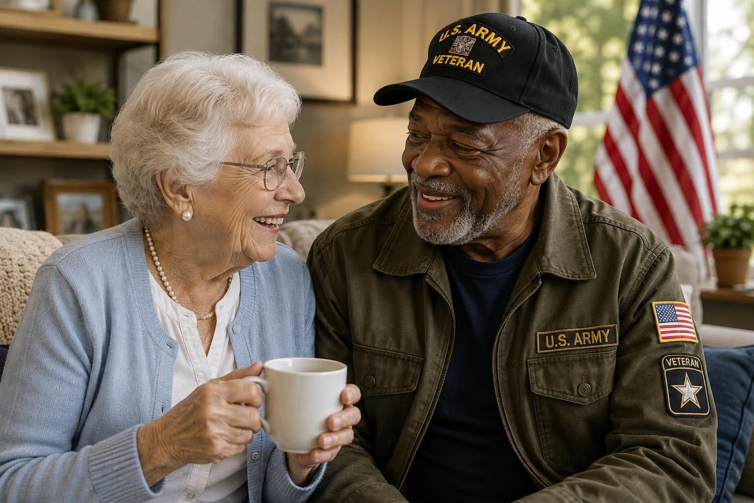 Veteran and senior adult spending time together at home